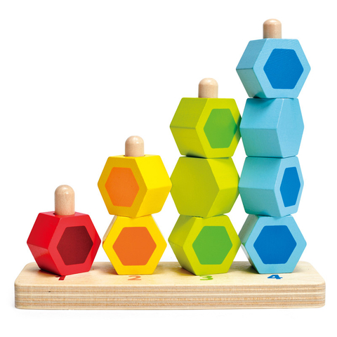 Counting Stacker by Hape | Wooden Stacking Block Building Puzzle Game Educational Set for Toddlers, Solid Wood Hexagon Blocks in Bright Rainbow Colors