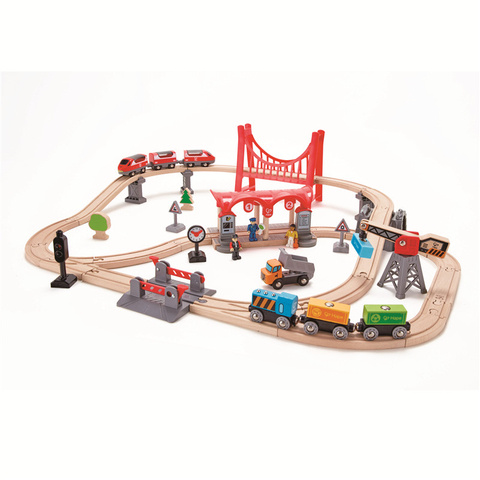 Hape Busy City Train Rail Set | Complete City Themed Wooden Rail Toy Set For Toddlers