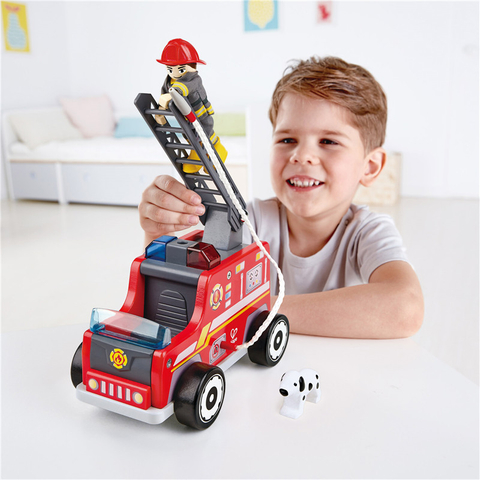 Hape Fire Truck Playset| Wooden Fire Engine Toy With Action Figure & Rescue Dog