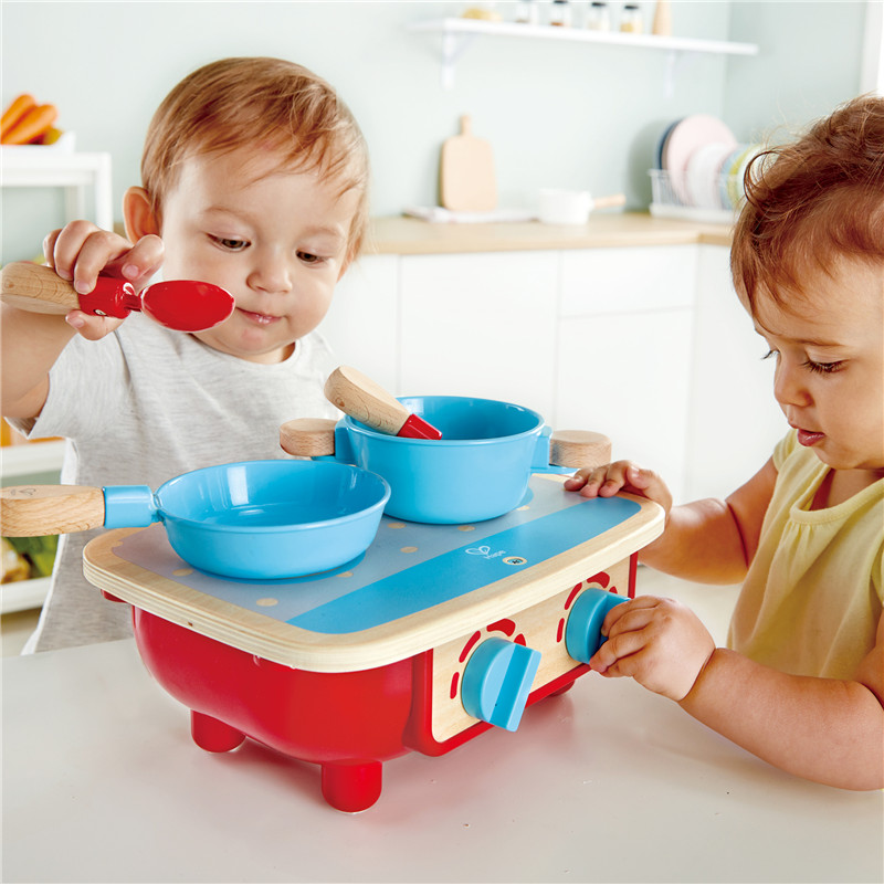Hape Toddler Kitchen Set | Wooden 6 Piece Cooking Set, Pretend Kitchen Playset With Toy Stove, Frying Pan, Spoon, Spatula 