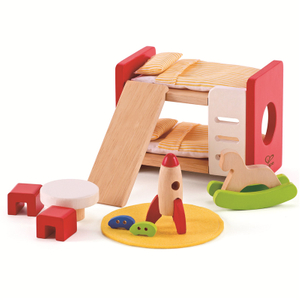 Hape Wooden Children’s Room Furniture | Highly Detailed Kid’s Room Doll House Furniture Set Including Bunk Beds, Table, Chairs And Rocket Ship