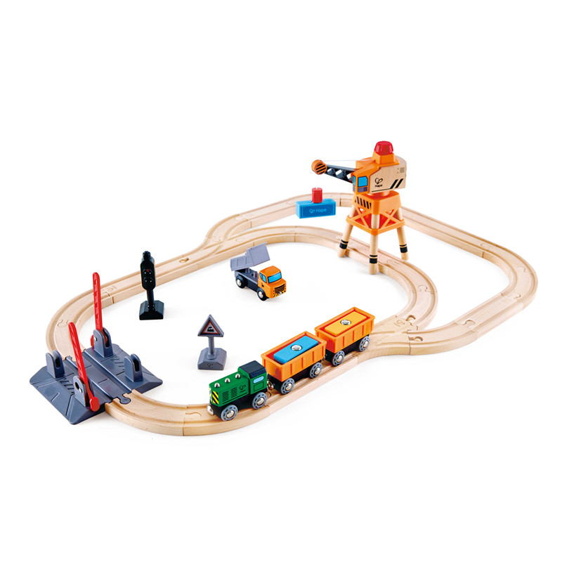 Hape Crossing & Crane Set | 32-Piece Wooden Railway Cargo Playset For Kids