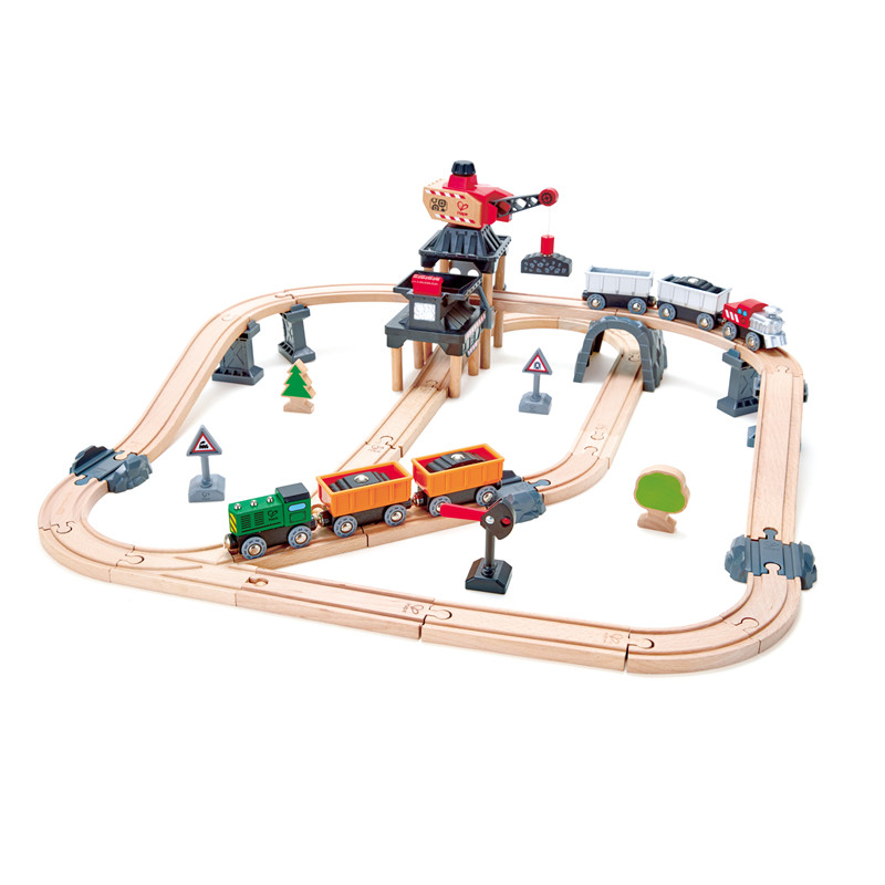 Hape Crane And Cargo Train Set | Wooden Railway Toy Set With Magnetic Crane, Button Operated Loader And Adjustable Rail Signal