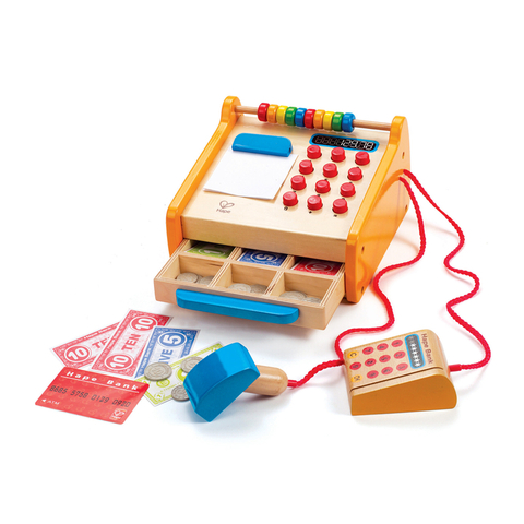 Hape Checkout Register | Kids Wooden 37 Piece Pretend Play Cashier Set | With Calculator Function