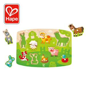 Hape Farmyard Peg Puzzle | 10 Piece Wooden Animal Peg Jigsaw Puzzle Game, Learning Toy For Toddlers