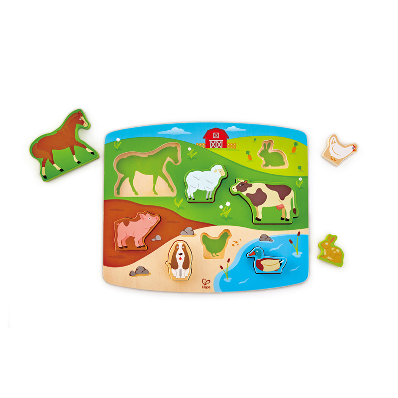 Hape Farm Animal Puzzle | Multi-Color Farmyard Wooden Jigsaw Puzzle Toy with Horse, Sheep, Cow, Rabbit, Pig, Chicken And Duck 