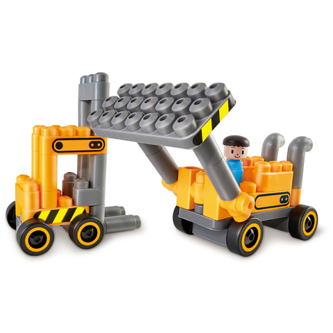 Hape PolyM Construction Site | 43 Piece Building Brick Forklift Bulldozer Toy Set with Figurines & Accessories